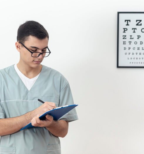 vista-frontal-del-oftalmologo-con-bloc-de-notas-y-escritura